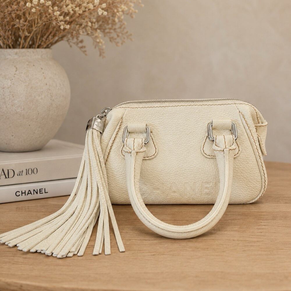 Vintage Chanel Small LAX Bowler Bag Pebbled Leather Silver Tassel Very Good